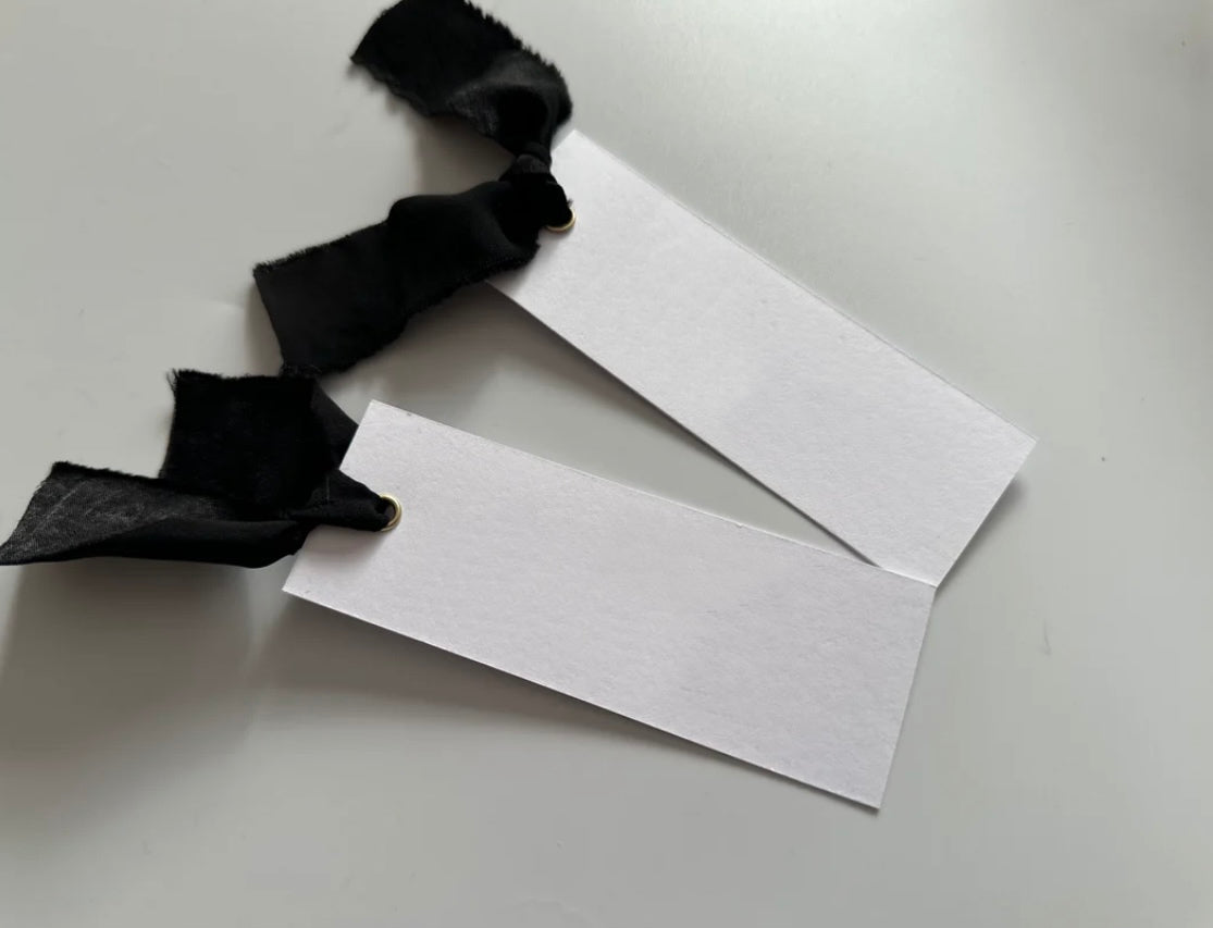 White Card with Black Chiffon Ribbon Wedding Name Place Cards. Silver or Gold Eyelet