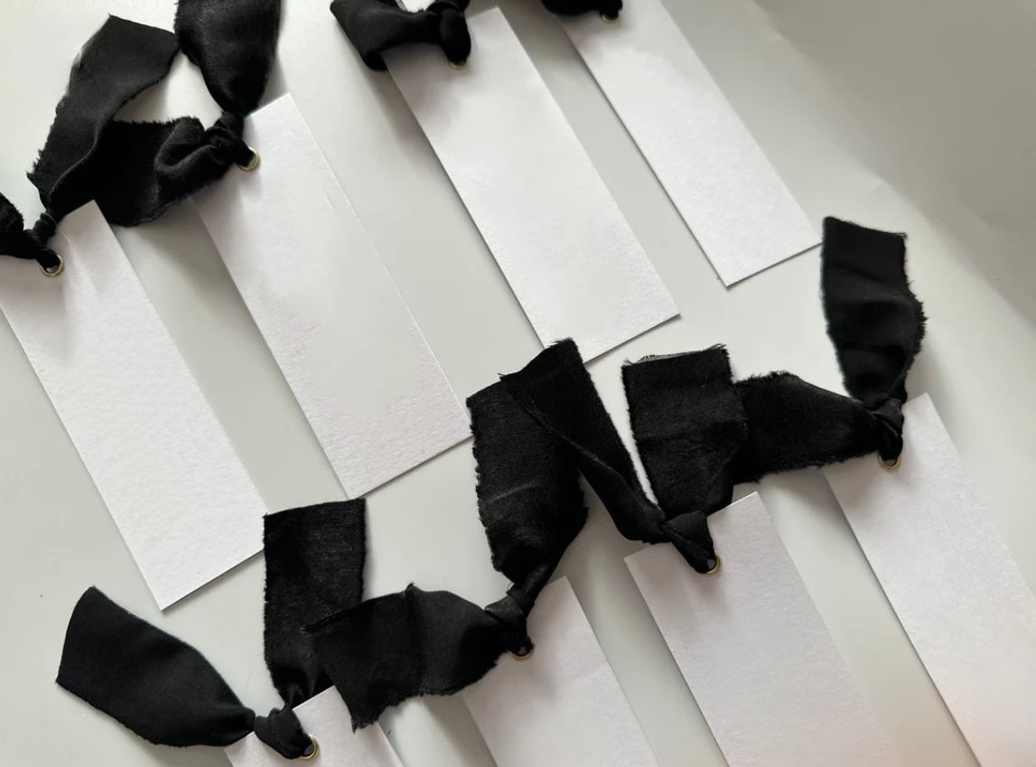 White Card with Black Chiffon Ribbon Wedding Name Place Cards. Silver or Gold Eyelet