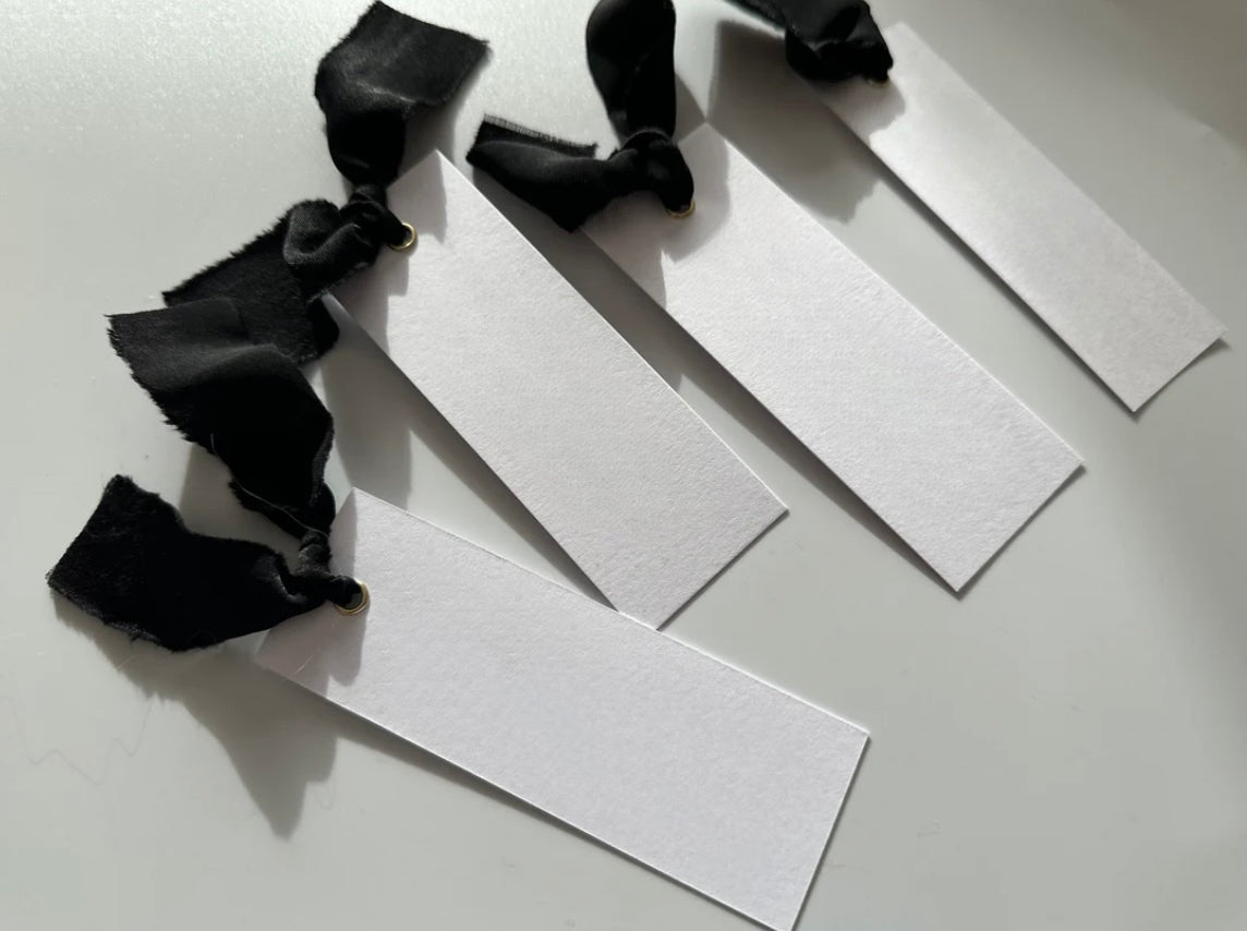 White Card with Black Chiffon Ribbon Wedding Name Place Cards. Silver or Gold Eyelet